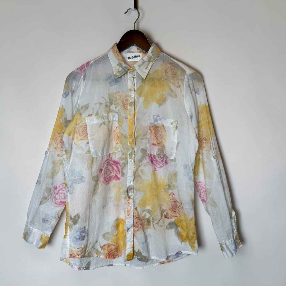 The Nu Vintage Floral Button Up Shirt Watercolor Roll Tab‎ Sleeve Cotton Small